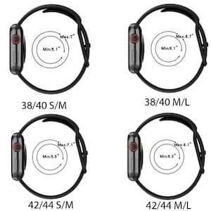 May include: Four black Apple Watch bands with different size options. The bands are shown with the maximum and minimum wrist sizes for each size option. The sizes are 38/40 S/M, 38/40 M/L, 42/44 S/M, and 42/44 M/L.