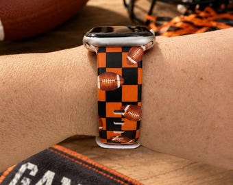 Football Checkered Sport Watch Band | Orange And Black Game Day Strap | Compatible with Apple & Samsung Watches