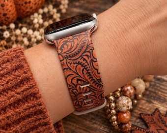 Orange Western Watch Band, Tooled Leather Inspired Watch Strap, Western Floral Band, Cowgirl Gift, Fall Watch Band, Country Watch Band