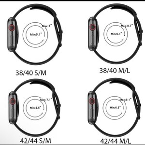 May include: Four black Apple Watch bands with different size options. The bands are shown with the maximum and minimum wrist sizes for each size option. The sizes are 38/40 S/M, 38/40 M/L, 42/44 S/M, and 42/44 M/L.