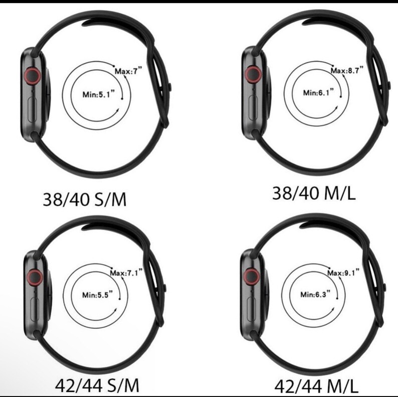 May include: Four black Apple Watch bands with different size options. The bands are shown with the maximum and minimum wrist sizes for each size option. The sizes are 38/40 S/M, 38/40 M/L, 42/44 S/M, and 42/44 M/L.