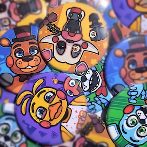 Five Nights At Freddy&#39;s 2 inspired LARGE pins/buttons (Toy Freddy, Toy Chica, Toy Bonnie, Mangle)