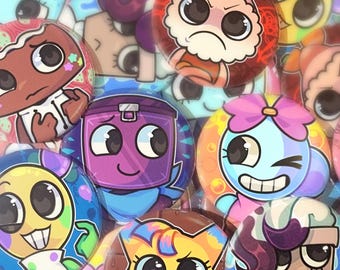 Juego de botones/pins de Dandy's World Toons (GRANDES, 2,25 PULGADAS) (Boxten, Poppy, Cosmo, Looey, Yatta, Shrimpo, Tisha, Brusha)