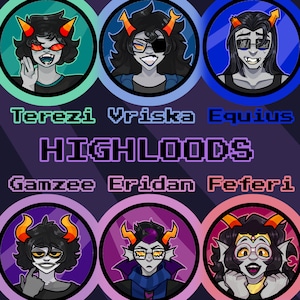 Homestuck Troll Pin/Buttons LARGE - Highbloods (Terezi, Vriska, Equius, Gamzee, Eridan, Feferi)