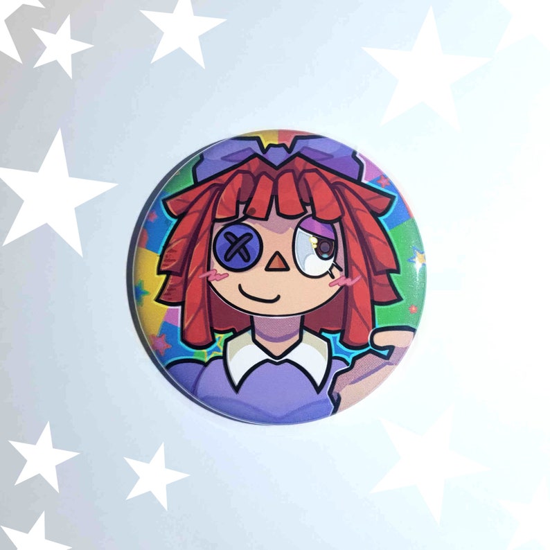 May include: A colorful button featuring a cartoon girl with red hair, a purple dress, and a single eye patch. The background is a rainbow of colors with stars.
