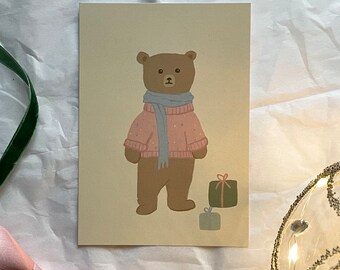 Christmas card bear with gifts, postcard A6, Christmas gift