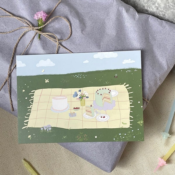 Picknick Postkarte, Torten, Schmetterlinge und Blümchen A6, Herzlichen Glückwunsch zum Geburtstag, Gutschein, sommerliche Grußkarte