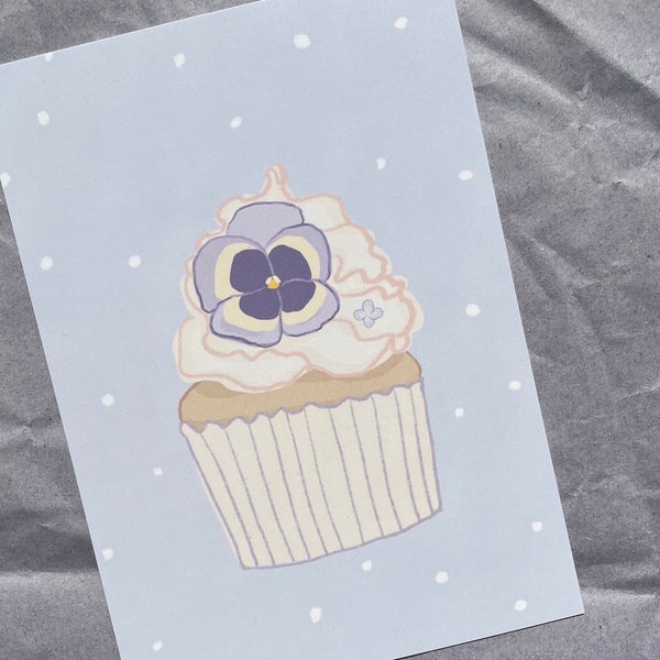 Postkarte Cupcake mit Blume, zum Geburtstag, Stiefmütterchen, Blümchen