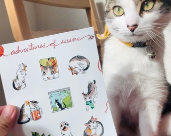 Adventures of Sesame Sticker Sheet | Autocollants Kiss-Cut pour planificateur ou journalisation, illustration d’animal de compagnie de chat chat mignon