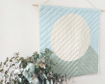 Rise Quilted Wall Hanging | Geometric Minimal Wall Hanging |  Blue and Green 35 inch Wall decor