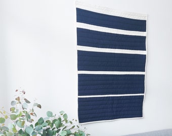 Divide Baby Quilt and Wall Hanging | Handmade crib blanket | Mid Century Modern Nursery | Navy and White 35 by 49 inch Modern Wall Art