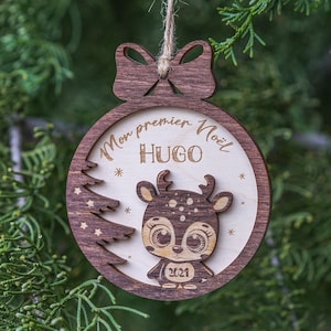 Boule de noël, Boule de noël personnalisé, Boule de noël en bois, Mon premier noël, Boule de Noël prénom,Décoration de Noël- Faon