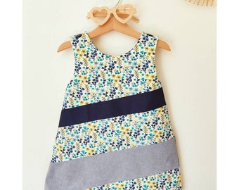 Robe d'été en coton fleuri bleu, 100 % oeko-tex pour petite fille.