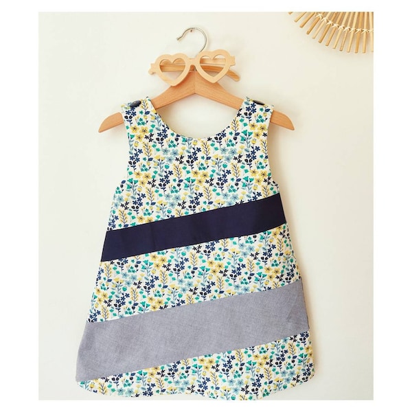 Robe d'été en coton fleuri bleu, 100 % oeko-tex pour petite fille.