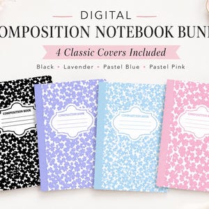 Op de afbeelding: Een digitale notitieboekbundel met vier klassieke covers in zwart, lavendel, pastelblauw en pastelroze. Elk notitieboek heeft een wit label met de tekst COMPOSITION BOOK en gelinieerde ruimtes om op te schrijven.