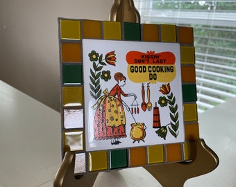 Vintage inspired rustic cottage look kitchen tile with colorful momma quaint saying wall decoration
