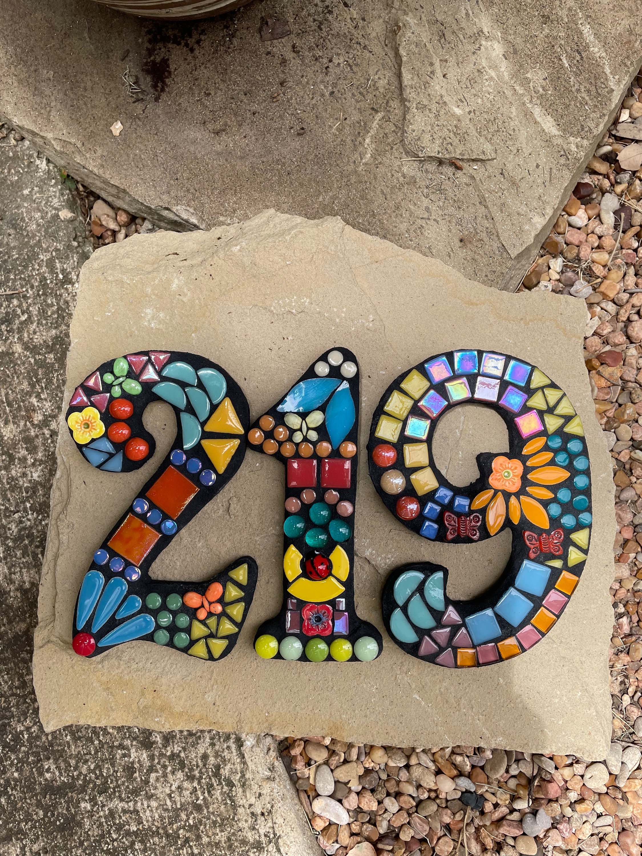 Colorful unique mosaic address numbers handmade in vibrant custom colors for home, entry way, apartment, condo or office