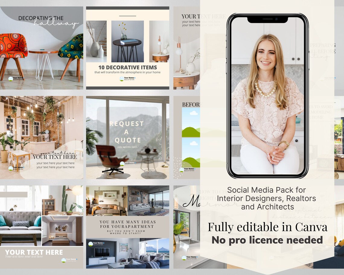 Beautiful Interior Design Canva Template With 50 Slides, Instagram ...