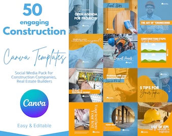 Construction Company Instagram Template, Contractor Social Media Templates, Engagement Booster, Business Boosting, Canva, 50 Slides