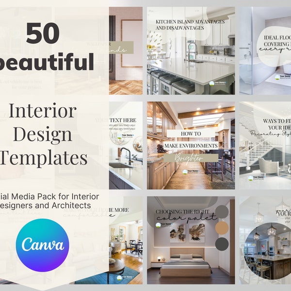 Beautiful Interior Design Canva Template with 50 slides, Instagram Templates, Business Social Media Templates, Engagement Booster