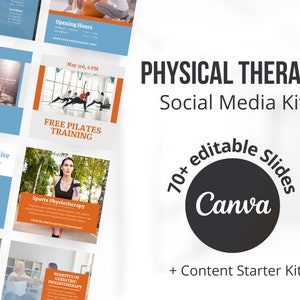 May include: A social media kit for physical therapy businesses. The kit includes 70+ editable slides for Canva and a content starter kit. The image shows a variety of slides with different themes, including World Health Day, free Pilates training, sports physiotherapy, and the benefits of geriatric physiotherapy.