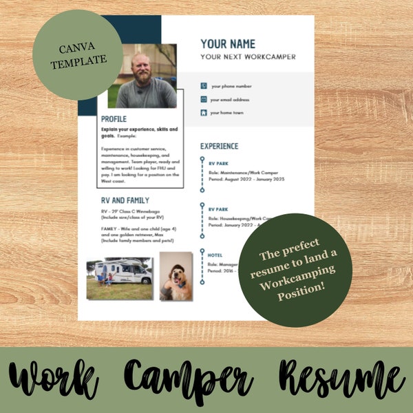 Work Camper Resume Template I Resume I RV Work I Workcamping I Work camping I Instant download I Minimalistic