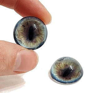 Może przedstawiać: Dwa szklane oczy w kolorze niebieskim i brązowym z czarnymi źrenicami, idealne do tworzenia lalek lub innych projektów rękodzielniczych.