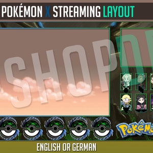 Puede incluir: Una plantilla de diseño de streaming para Pokemon X con un fondo marrón y verde, un gran espacio rectangular para una pantalla de juego, un espacio rectangular más pequeño para una webcam y una sección para mostrar personajes de Pokemon. El texto "Pokemon X" se muestra en la esquina inferior derecha del diseño.
