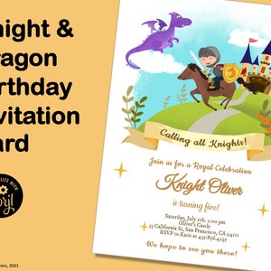 Birthday Invitation Card, Knight and Dragon, Digital Download, Easy to Personalise, Birthday Printables