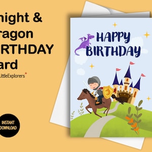 Birthday Card, Knight and Dragon, Birthday Printables, Digital Download
