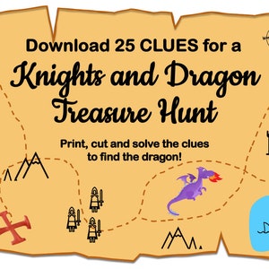 Kids Scavenger Hunt - Treasure Hunt Kids, Knights and Dragon, Digital Download, Kids Birthday Game, Kids Treasure Hunt Clues