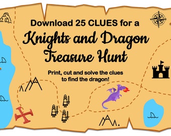 Kids Scavenger Hunt - Treasure Hunt Kids, Knights and Dragon, Digital Download, Kids Birthday Game, Kids Treasure Hunt Clues
