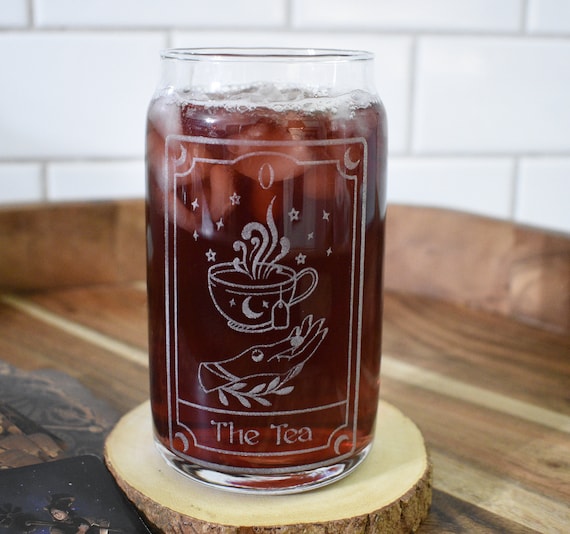 The Tea Engraved Tarot Card Glass Can 16 Oz Can Glass Witch Gift Tea Cup  Beer Can Glass Includes Bamboo Lid Glass Straw 