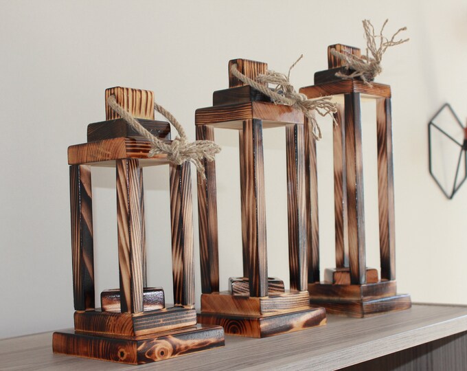 Wooden Lantern Candle/lantern Set/holder Set of 3 Wooden Etsy
