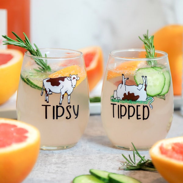 Tipsy and Tipped Stemless Wine Glasses - Set of 2