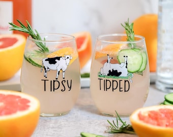 Tipsy and Tipped Stemless Wine Glasses - Set of 2