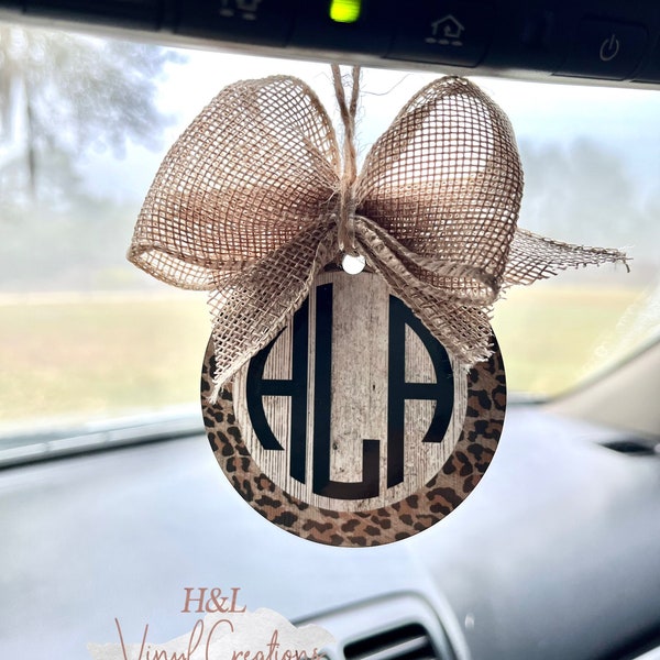 Monogram initial car charm, Name initial rear view mirror ornament, Leopard print car mirror hanger, Cute custom mirror charm ornament