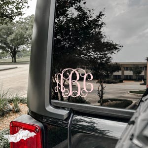 May include: A light pink monogram decal, featuring the letters ABC in a decorative script, is affixed to the rear window of a black vehicle. The decal is visible against the backdrop of a cloudy sky and trees.