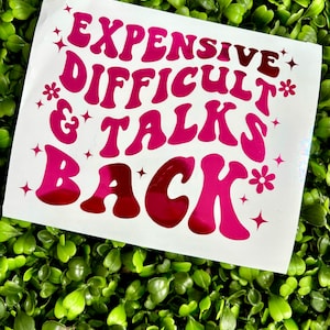 May include: A rectangular white vinyl decal featuring the dark pink text "EXPENSIVE DIFFICULT & TALKS BACK" in a wavy, retro-inspired font. The design is accented with small four-pointed stars and flower icons scattered around the lettering.
