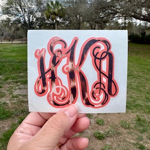 May include: A decorative decal featuring a stylized monogram of the letters HKA. The letters are filled with a brown and white cow print pattern and are outlined in a solid coral pink border, all set against a clear, rectangular adhesive backing.