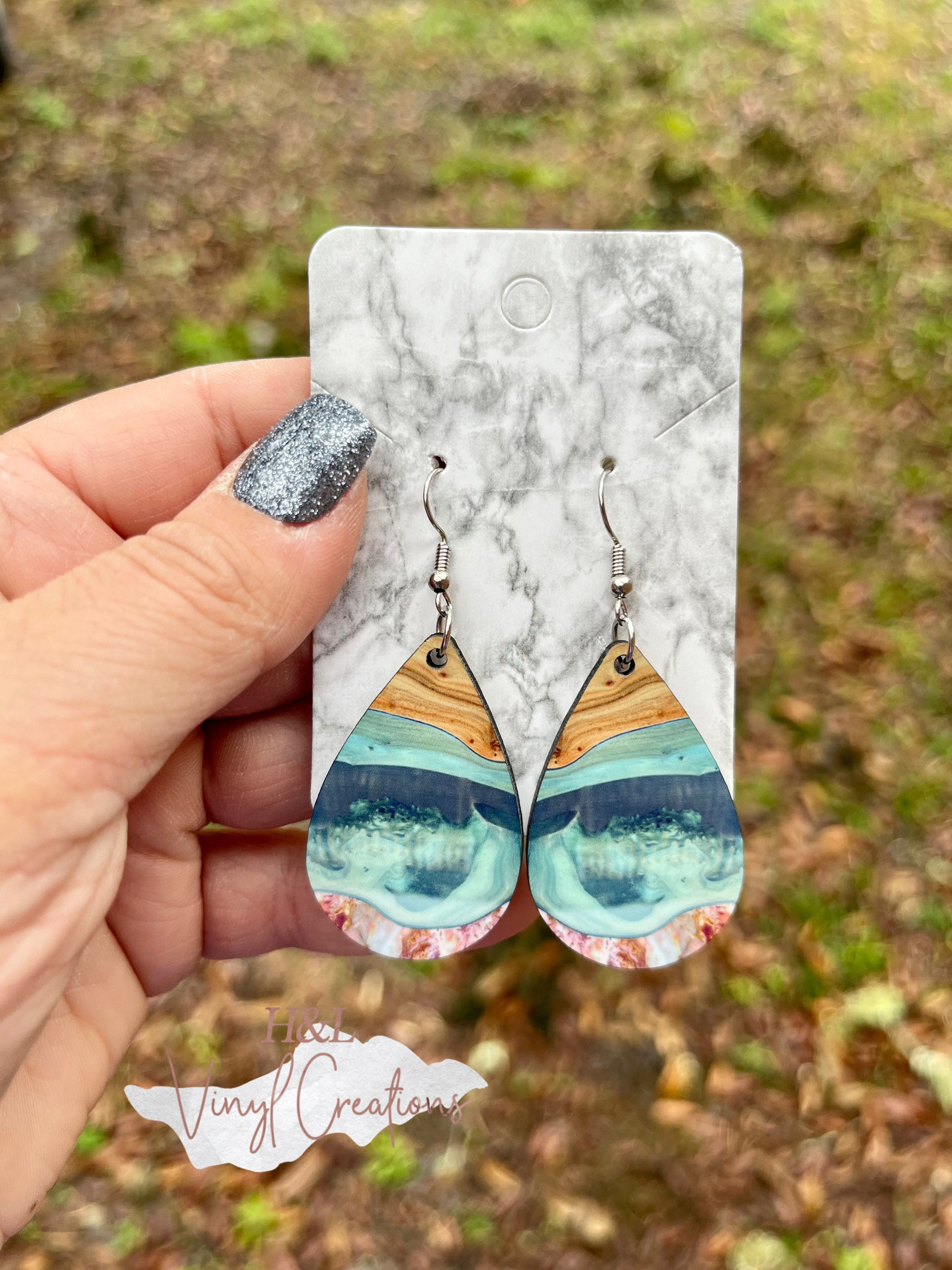 Beach Earrings, Teardrop Earrings, Sublimation Earrings, Wooden