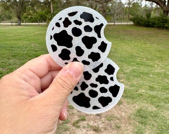 Cow Print Car Coasters Set of 2 | Black White Western Car Accessories | Cute Cowhide Auto Cup Holder Insert | Trendy Gift
