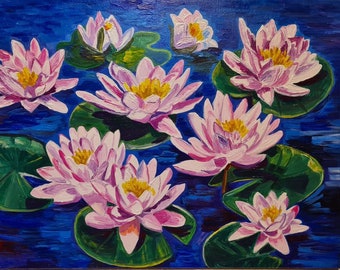 Water lily painting Water lilies painting  Water lily Water lilies Water lily art Water lily canvas Pond painting Floral original art