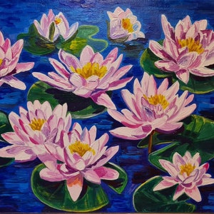 Water lily painting Water lilies painting  Water lily Water lilies Water lily art Water lily canvas Pond painting Floral original art