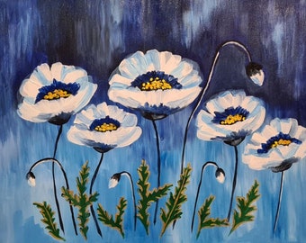 Poppy painting White poppy painting  White poppies Poppy wall art White poppies on canvas White flower painting  Wall art Flowers painting