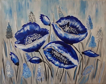 Blue poppies  Blue poppy painting  Poppy painting  Blue flower painting Poppy wall art  Flowers painting  Flowers original art  Wall art