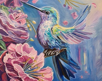 Peinture de colibri Peinture d'oiseau Colibri Peinture d'oiseau et de fleurs Toile de colibri Toile d'oiseau Peinture de fleurs d'hibiscus Art floral