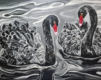 Swan painting Black swan painting Black swan Painting of black swans Black swan canvas Bird painting Black swan art  Swan decor  Swan art