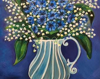 Lily of the  valley painting Cornflower painting Flowers in a vase painting Bouquet of the flowers in a vase painting Lily valley painting