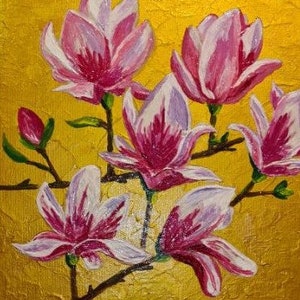 Magnolia painting White magnolia painting White magnolias Magnolia paintings on canvas Gold color painting Magnolias on a gold background